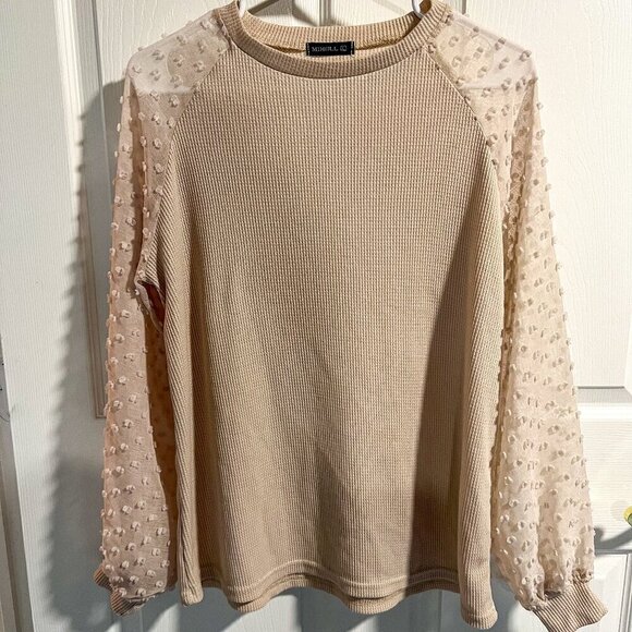 Miholl Tops - MIHOLL Large Solid Cream Sheer Pompom Balloon Sleeves Waffle Knit Shirt